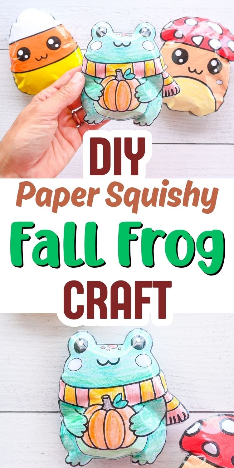 text "diy paper squishy fall frog craft" with pictures of a paper fall frog squishy wearing a scarf and holding a pumpkin