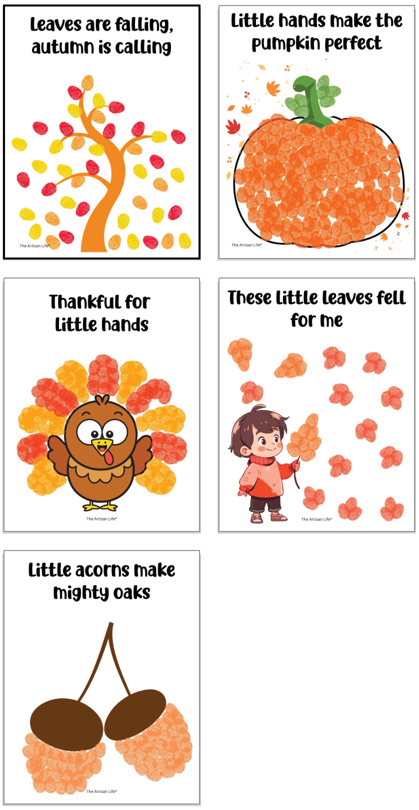 five completed fall fingerprint craft templates for preschool and kindergarten children including a tree, a pumpkin, a turkey, a child with a leaf, and a pair of acorns