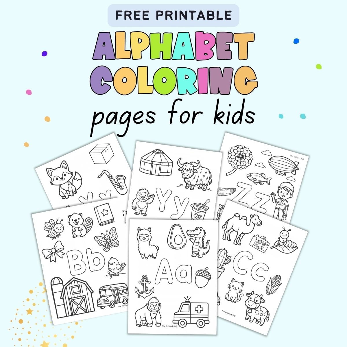 Text "free printable alphabet coloring pages for kids" with coloring pages a, b, c x, y, z