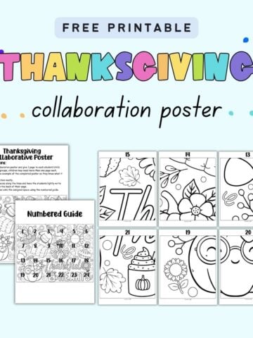 text "free printable thanksgiving collaboration poster" with a preview of pages form a collaborative poster for Thanksgiving