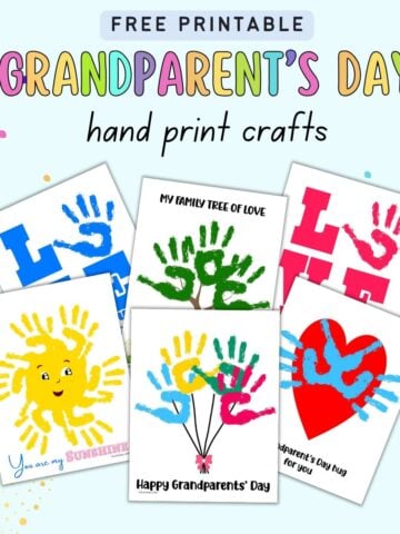 text "free printable grandparents day hand print crafts" with a preview of six handprint crafts