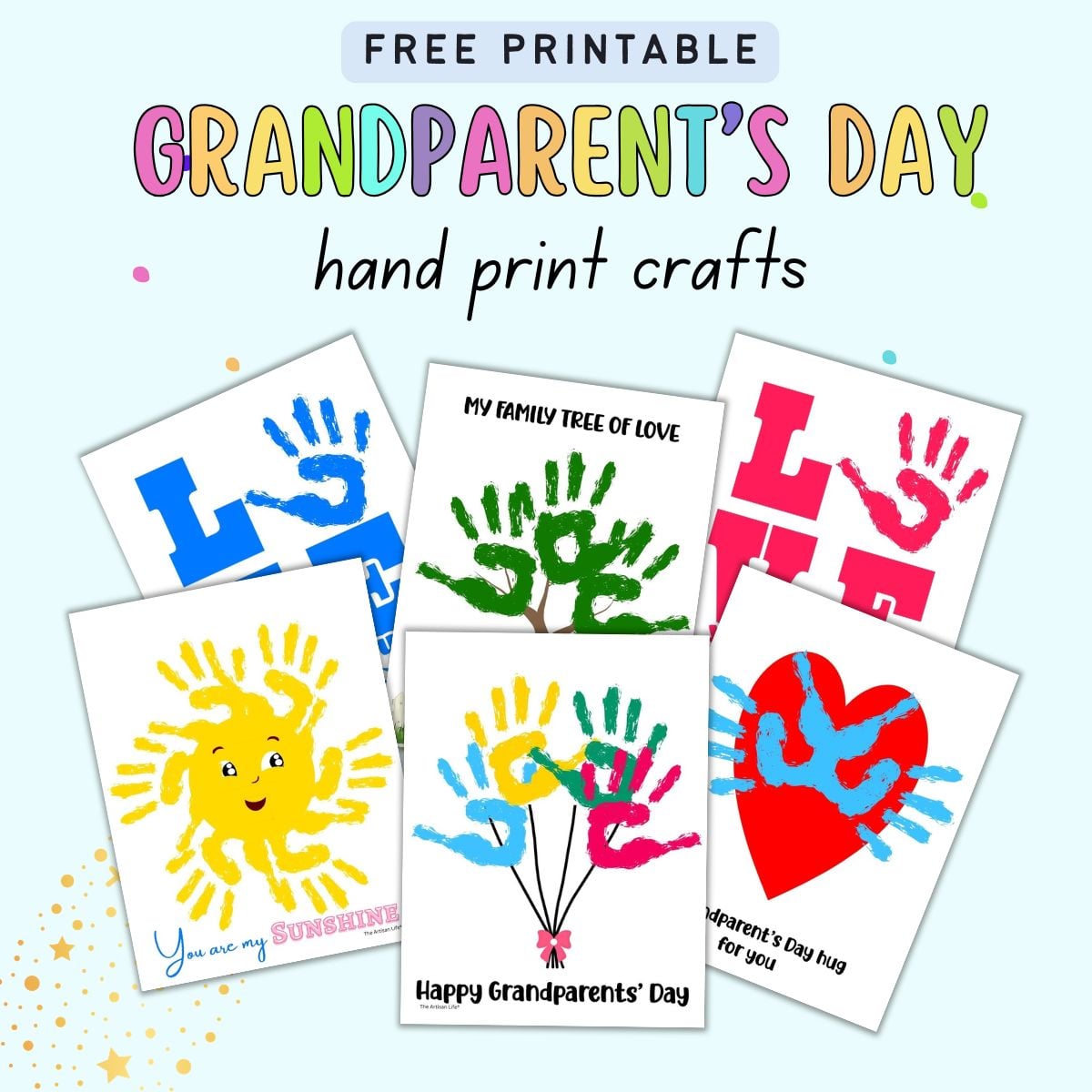text "free printable grandparents day hand print crafts" with a preview of six handprint crafts