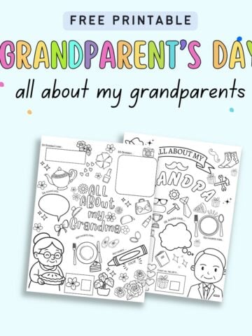 text "free printable grandparents day all about my grandparents" with previews of questionnaires for children to color and complete
