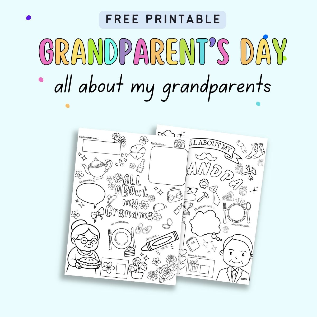 text "free printable grandparents day all about my grandparents" with previews of questionnaires for children to color and complete