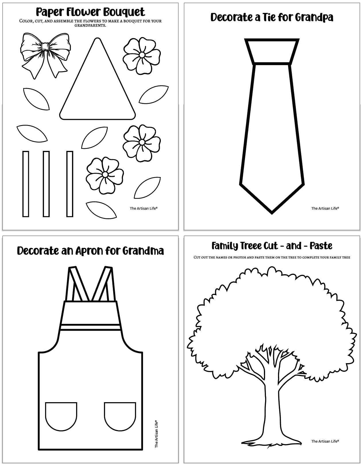 four grandparent's day crafts including a cut and paste bouquet, a tie, an apron, and a family tree