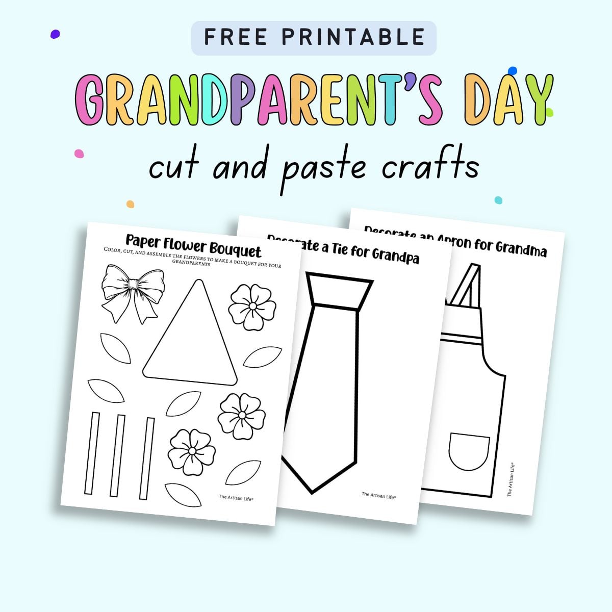 text "free printable grandparent day cut and paste crafts" with a preview of three crafts for young children