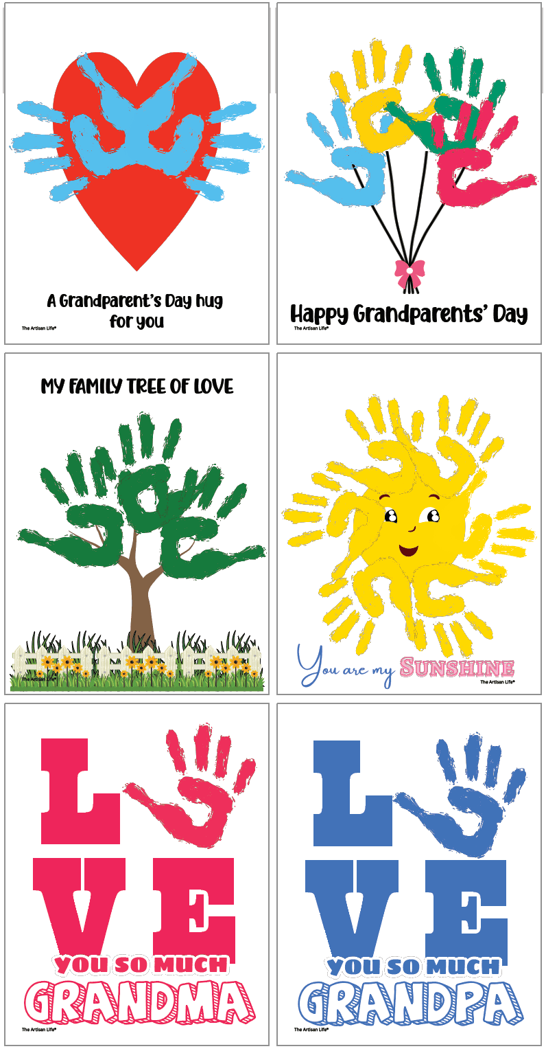six completed handprint craft printables for Grandparent's Day