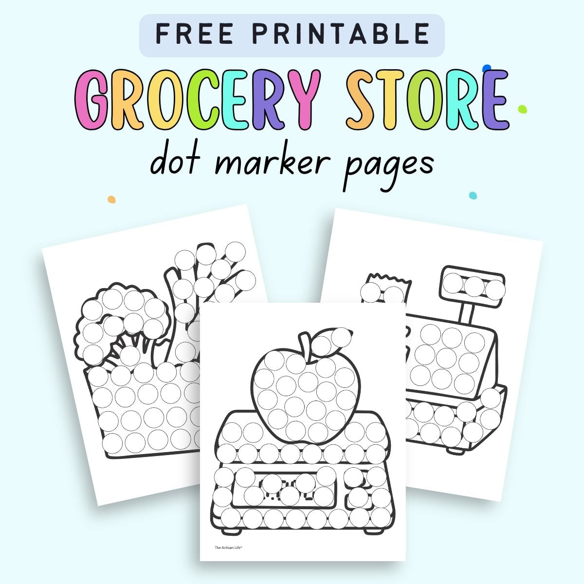text "free printable grocery store dot marker pages" with a preview of three grocery store dot marker coloring sheets with fruits and vegetables