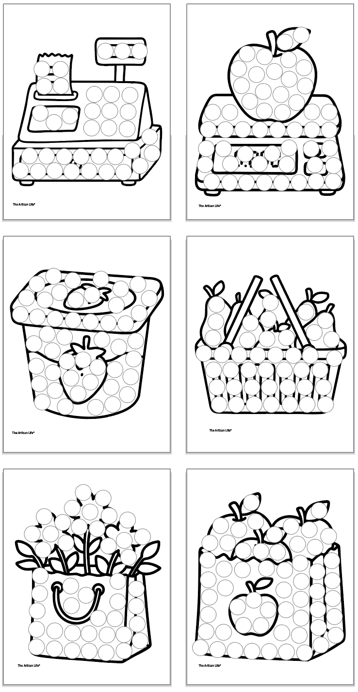 six grocery store theme coloring pages with a basket of fruit, apples, yogurt, a cash register, and other grocery store items