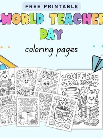 text "free printable world teacher day coloring pages" with a preview of eight teacher appreciation coloring pages