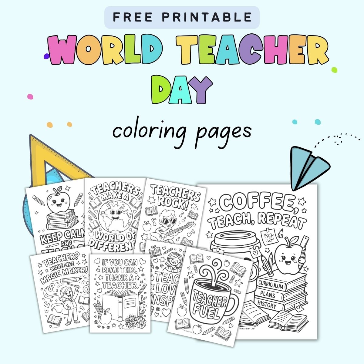text "free printable world teacher day coloring pages" with a preview of eight teacher appreciation coloring pages