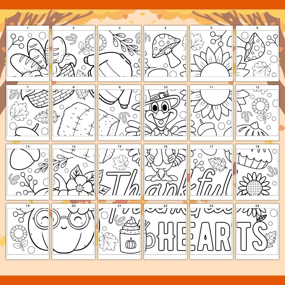 a preview of a completed thanksgiving collaborative poster with 24 sheets to color