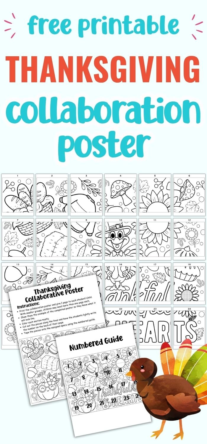 text "free printable thanksgiving collaboration poster" with a preview of 24 pages of coloring page collaborative poster for Thanksgiving