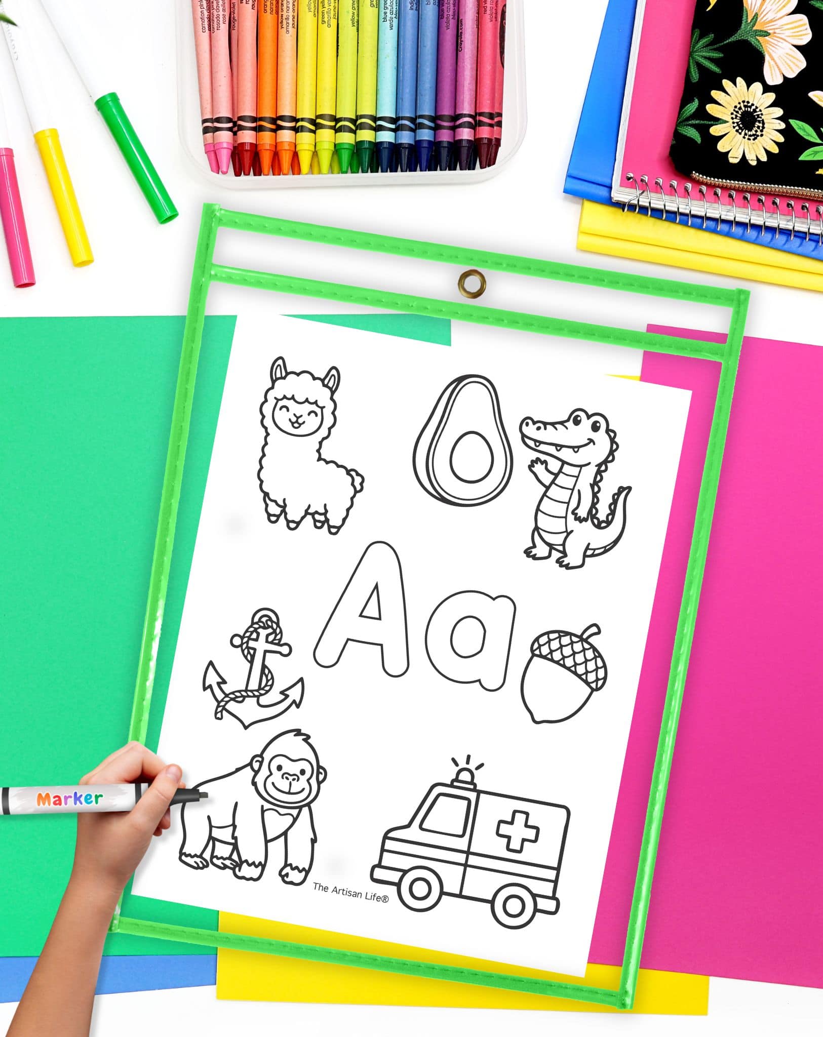 a hand with a marker preparing to use an alphabet letter a coloring page in a dry erase pocket