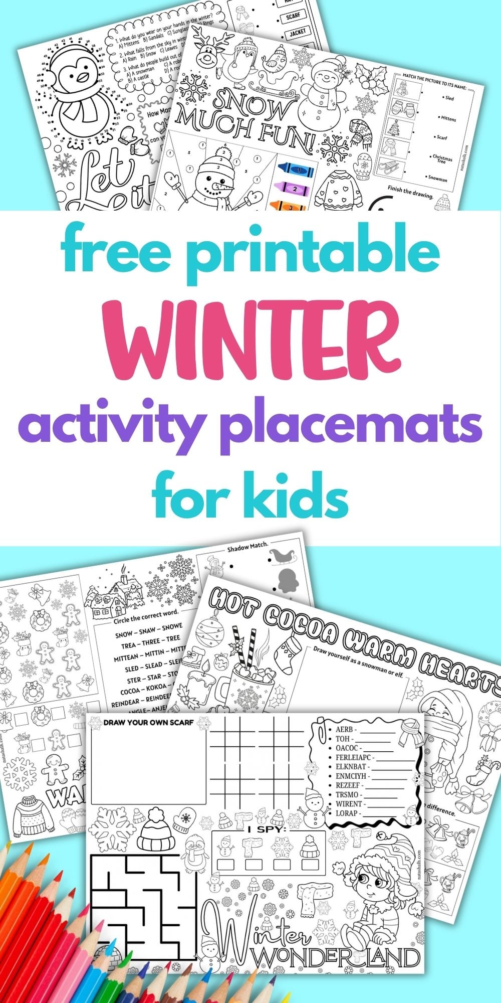 text "free printable winter activity placemats for kids" with previews of five winter activity sheets