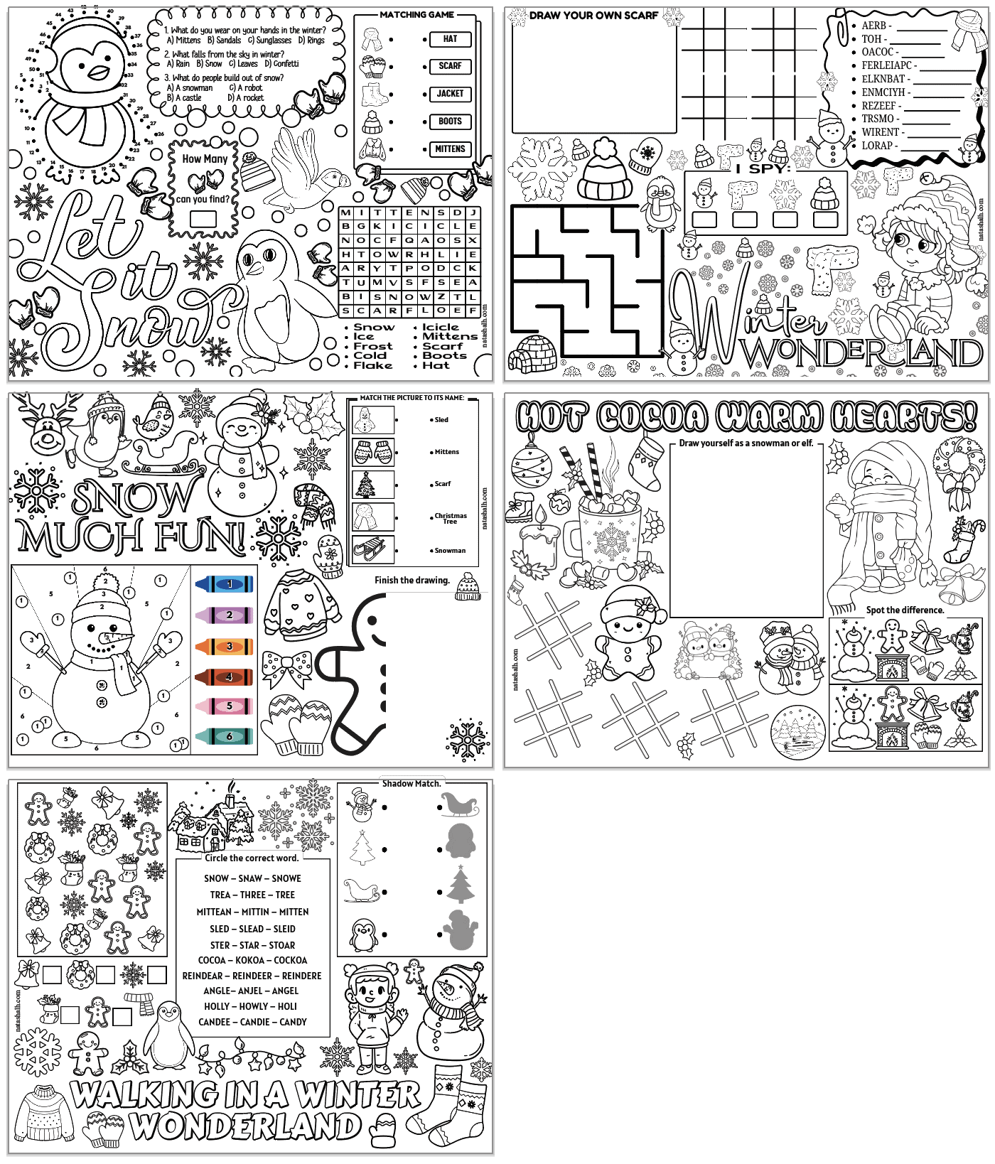 five activity placemats with a winter theme with coloring, color by number eye spy, and more