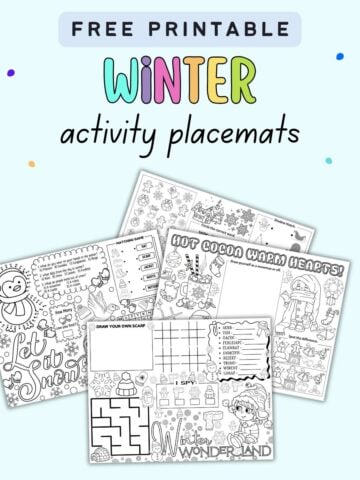 text "free printable winter activity placemats" with previews of four winter activity placemat sheets