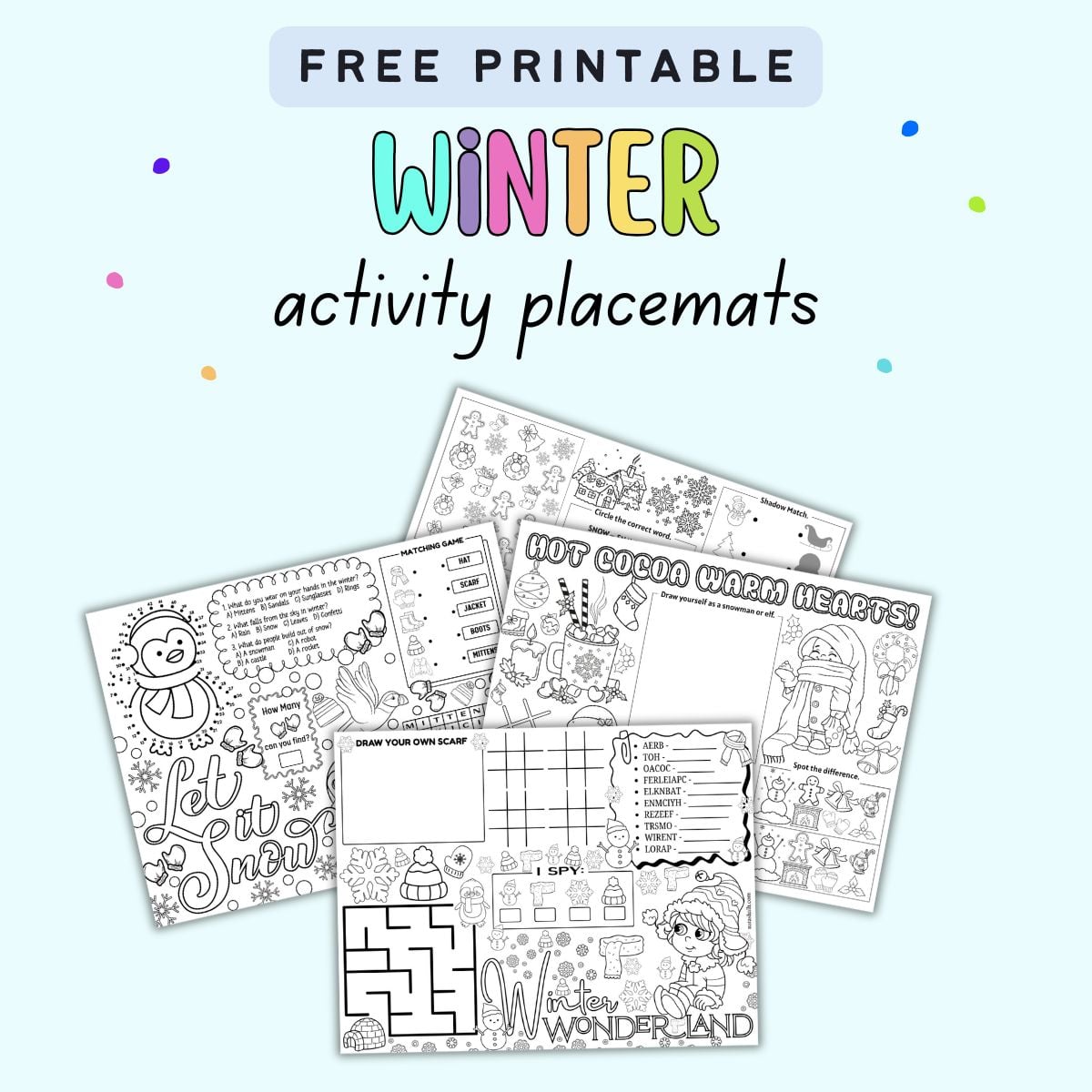 text "free printable winter activity placemats" with previews of four winter activity placemat sheets