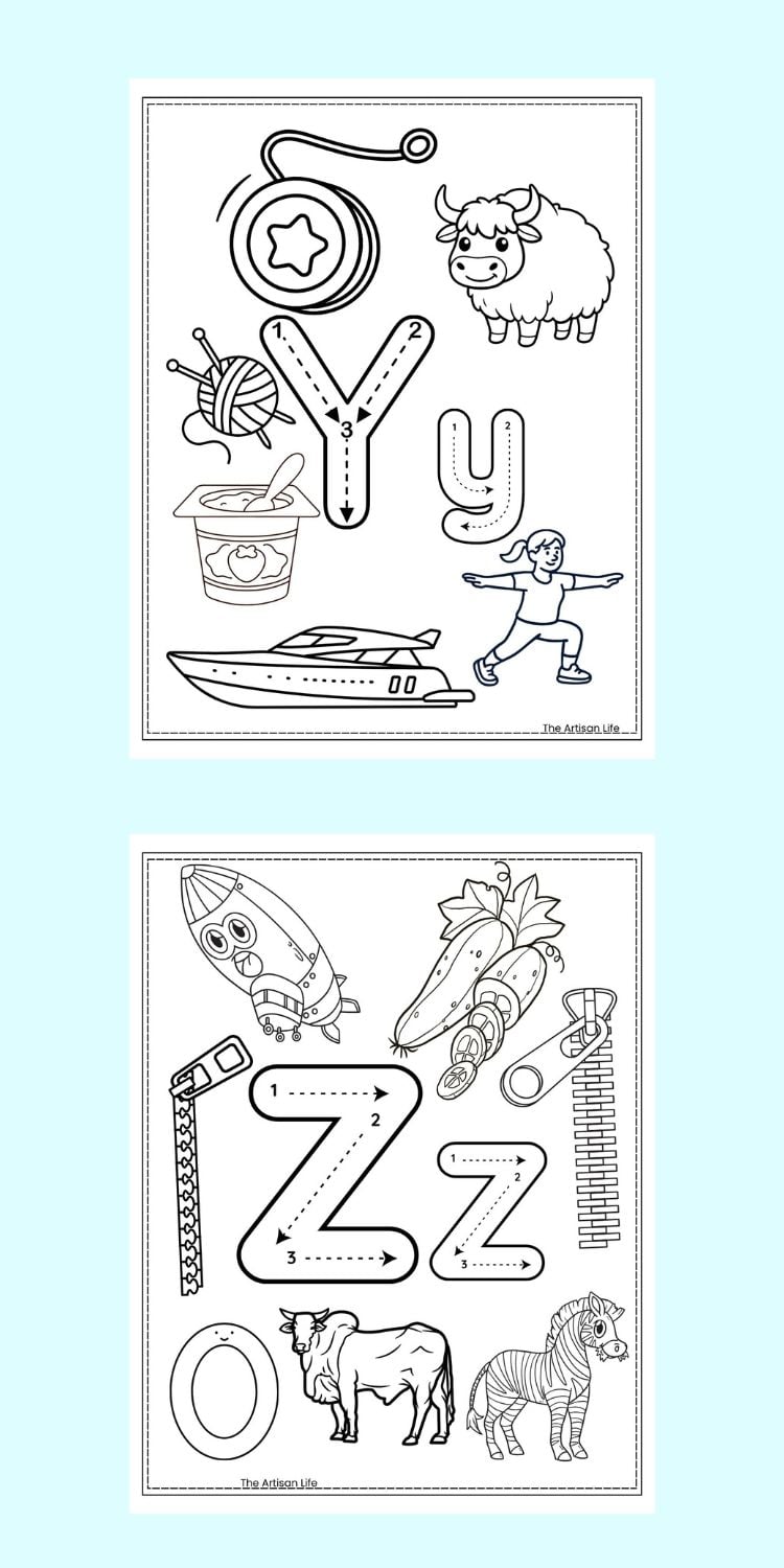 y - z alphabet coloring sheets for kids