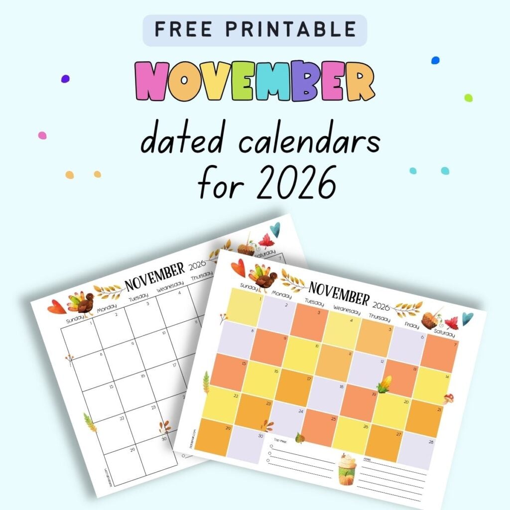 Free Printable November Calendars for 2026 - The Artisan Life