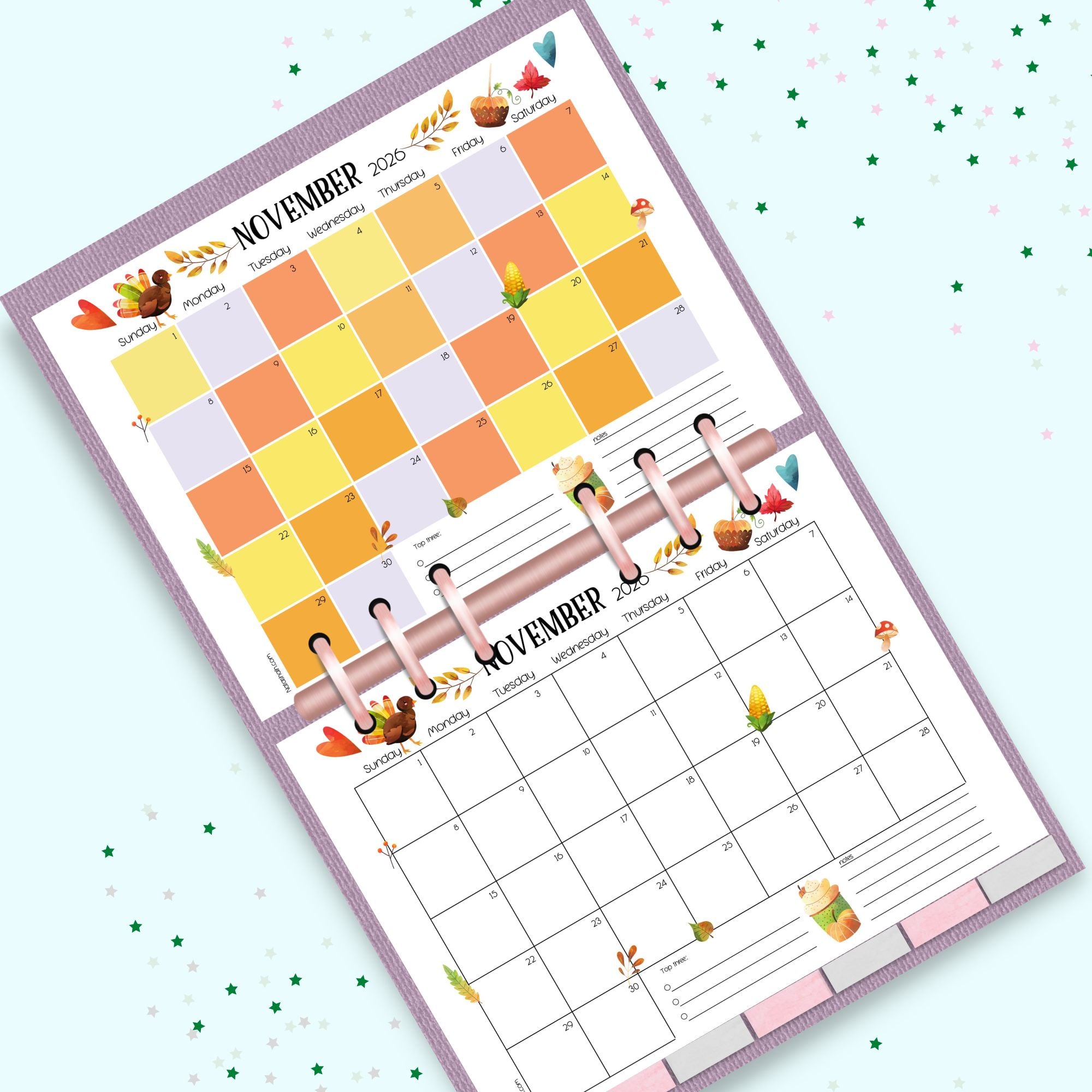 two printable calendars for November 2026 in a ring disk planner