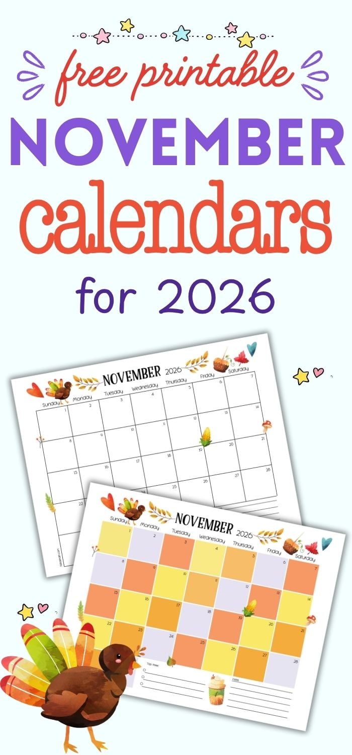 text "free printable November calendars for 2026" with two printable calendars for November 2026