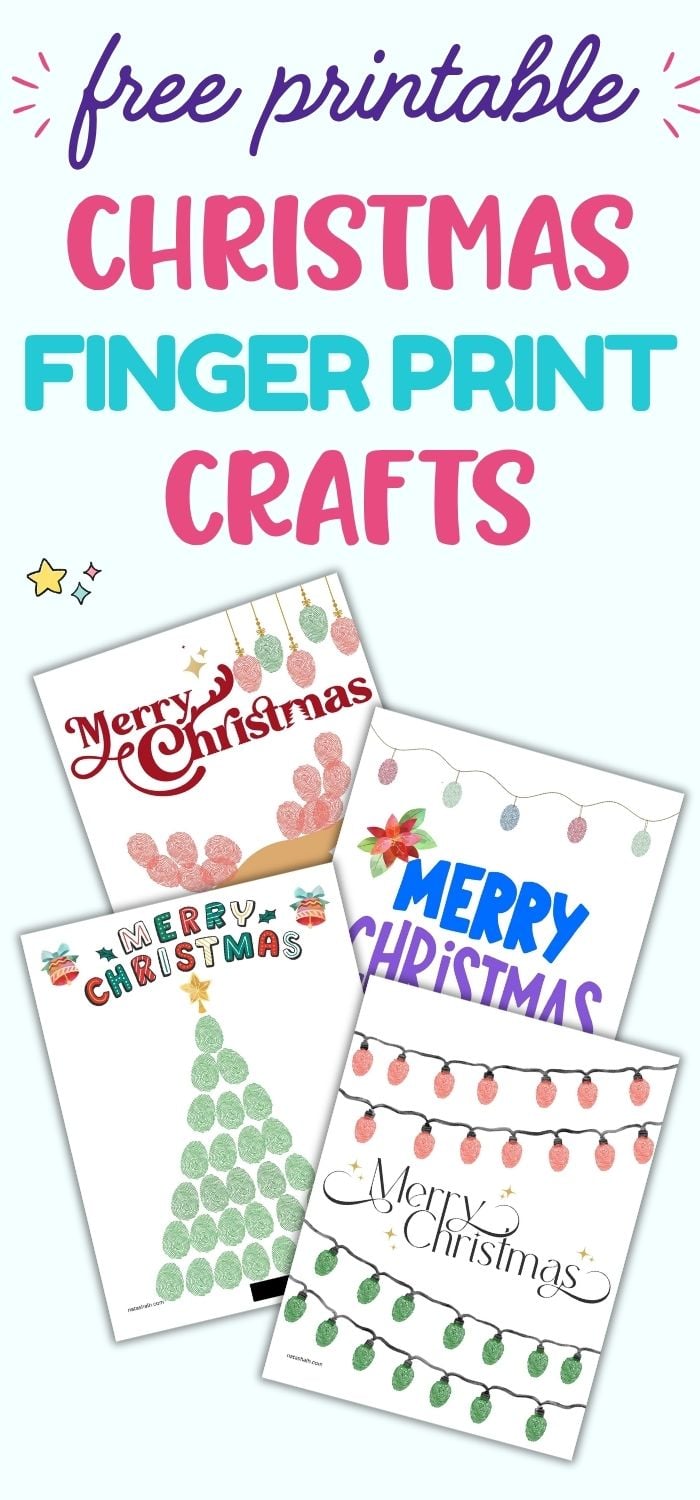 text "free printable Christmas fingerprint crafts" with a preview of five completed fingerprint crafts for christmas
