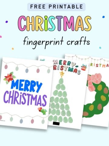 text "free printable Christmas fingerprint crafts" with a. preview of three completed crafts