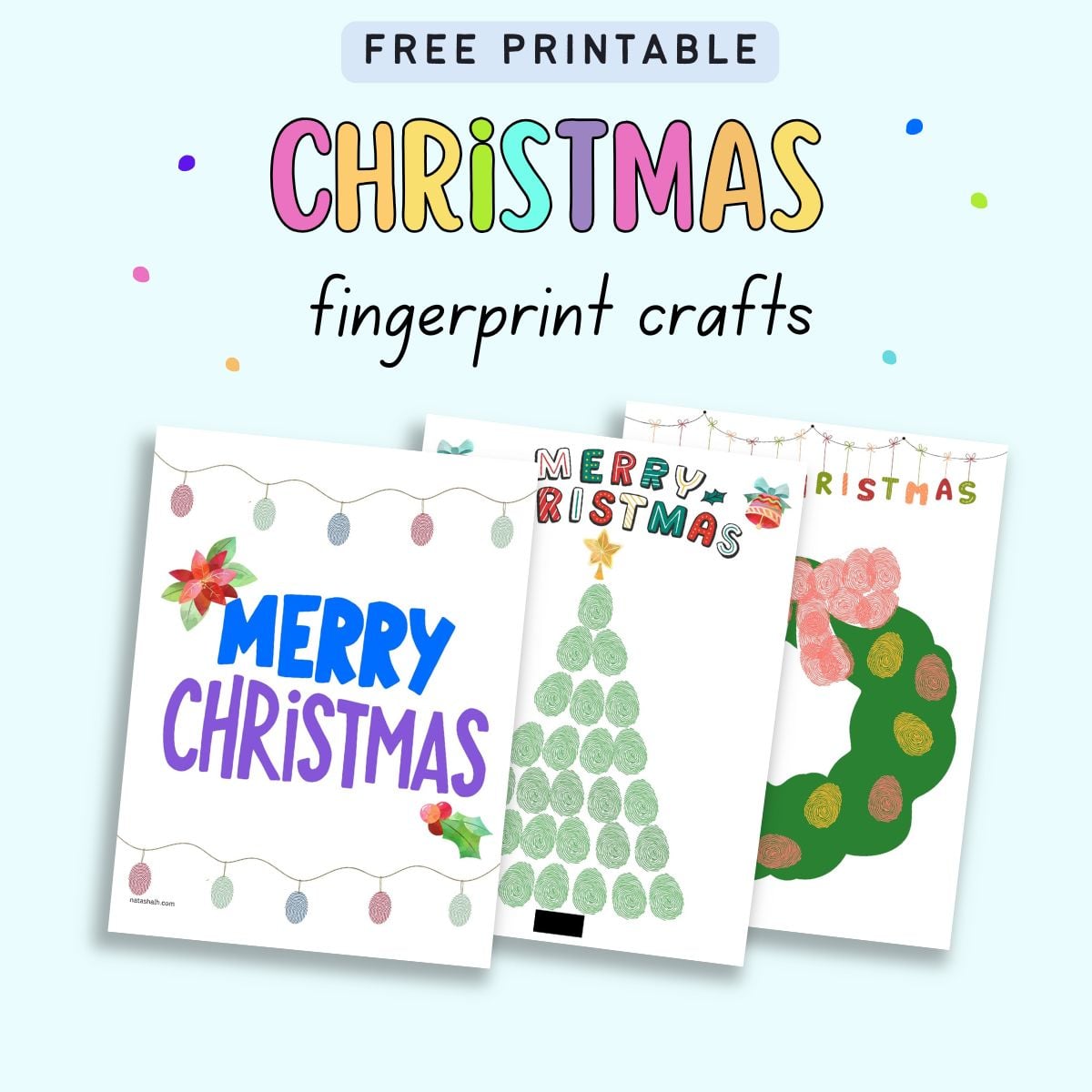 text "free printable Christmas fingerprint crafts" with a. preview of three completed crafts