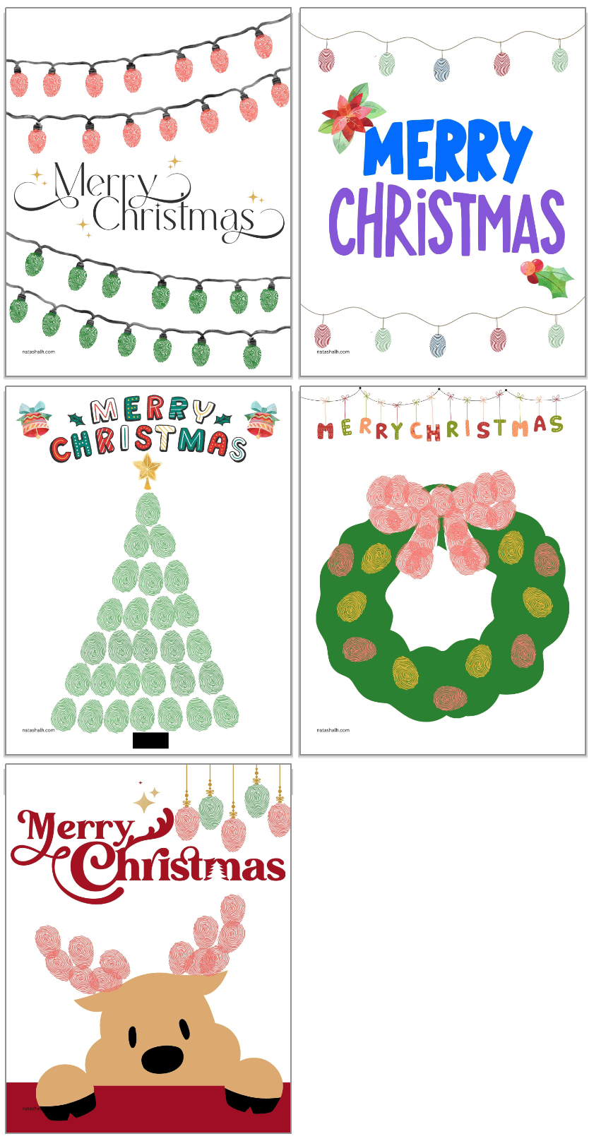 five fingerprint crafts. Each one has the text "merry Christmas" with elements to color in using fingerprints. Image include Christmas lights, a tree, a wreath, and a reindeer