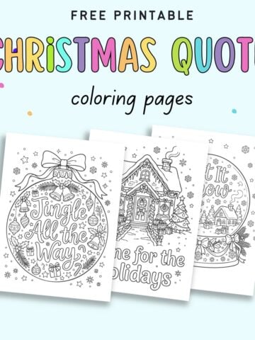 text "free printable christmas quote coloring pages" with a preview of three Christmas quotation coloring sheets