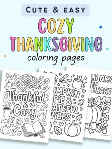 text "cute and easy cosy thanksgiving coloring pages" with previews of three Thanksgiving coloring sheets