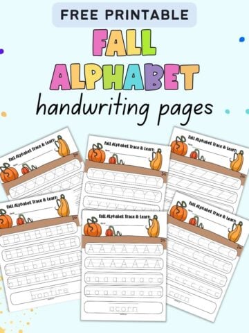 text "free printable fall alphabet handwriting pages" with letters a, b, c, x, y, z