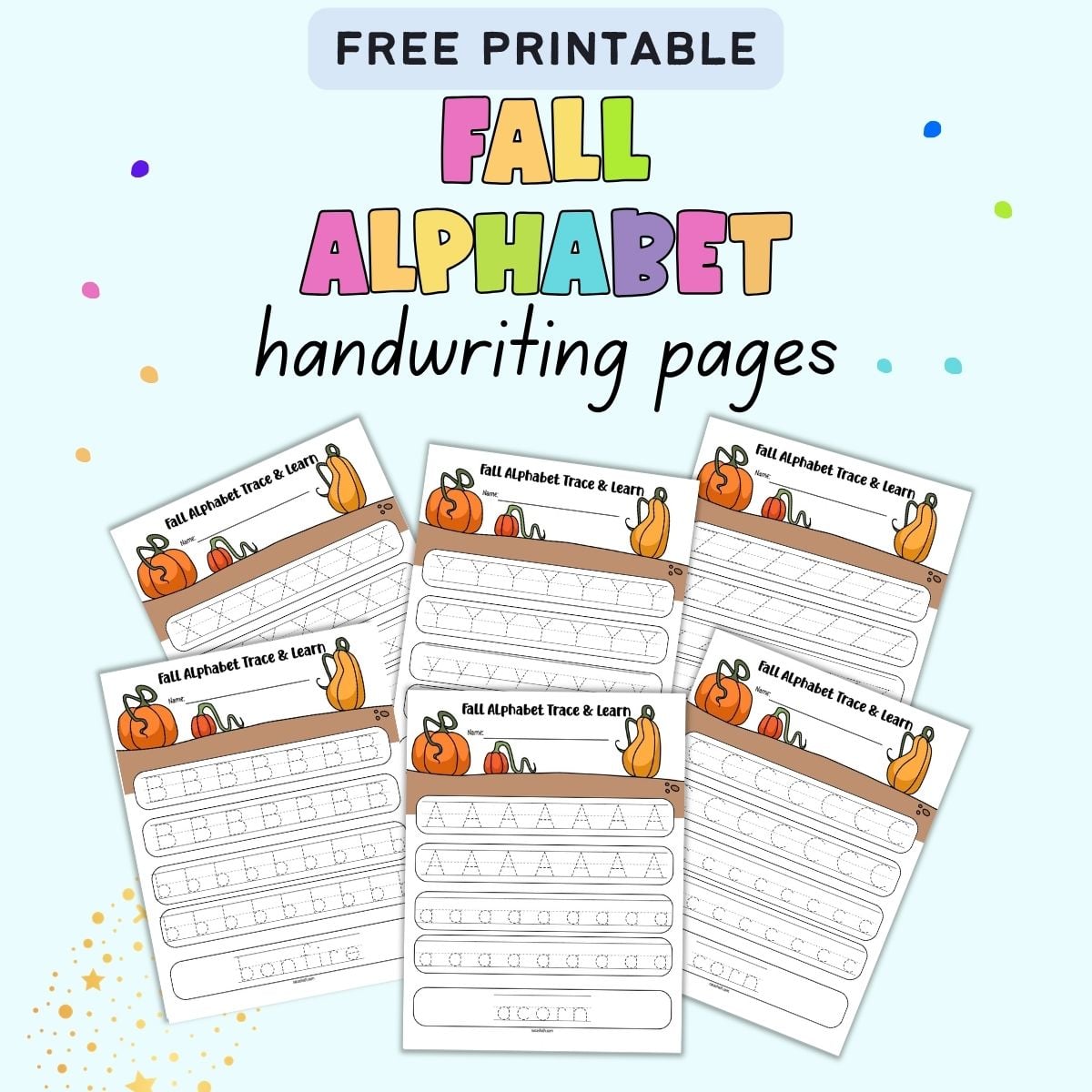 text "free printable fall alphabet handwriting pages" with letters a, b, c, x, y, z