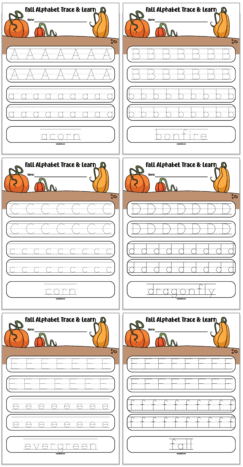 fall alphabet tracing pages with uppercase and letter case letters and vocabulary. Letters include a-f