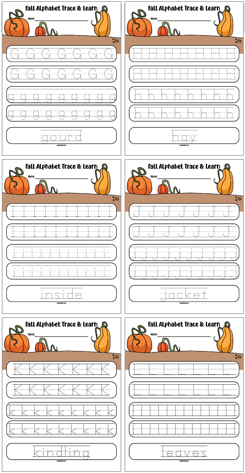 fall alphabet tracing pages with uppercase and letter case letters and vocabulary. Letters include g - l