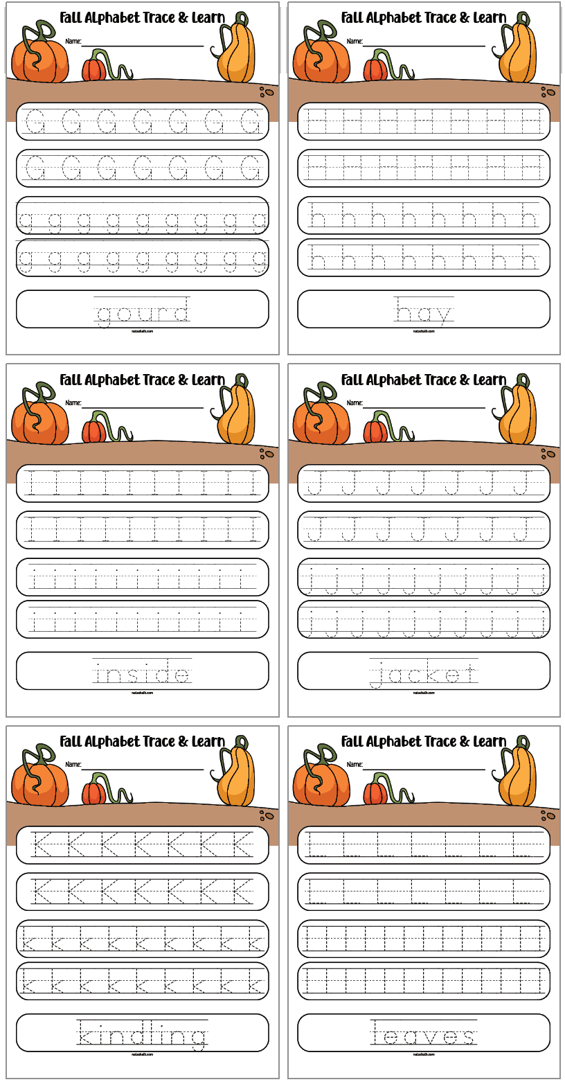 fall alphabet tracing pages with uppercase and letter case letters and vocabulary. Letters include I n