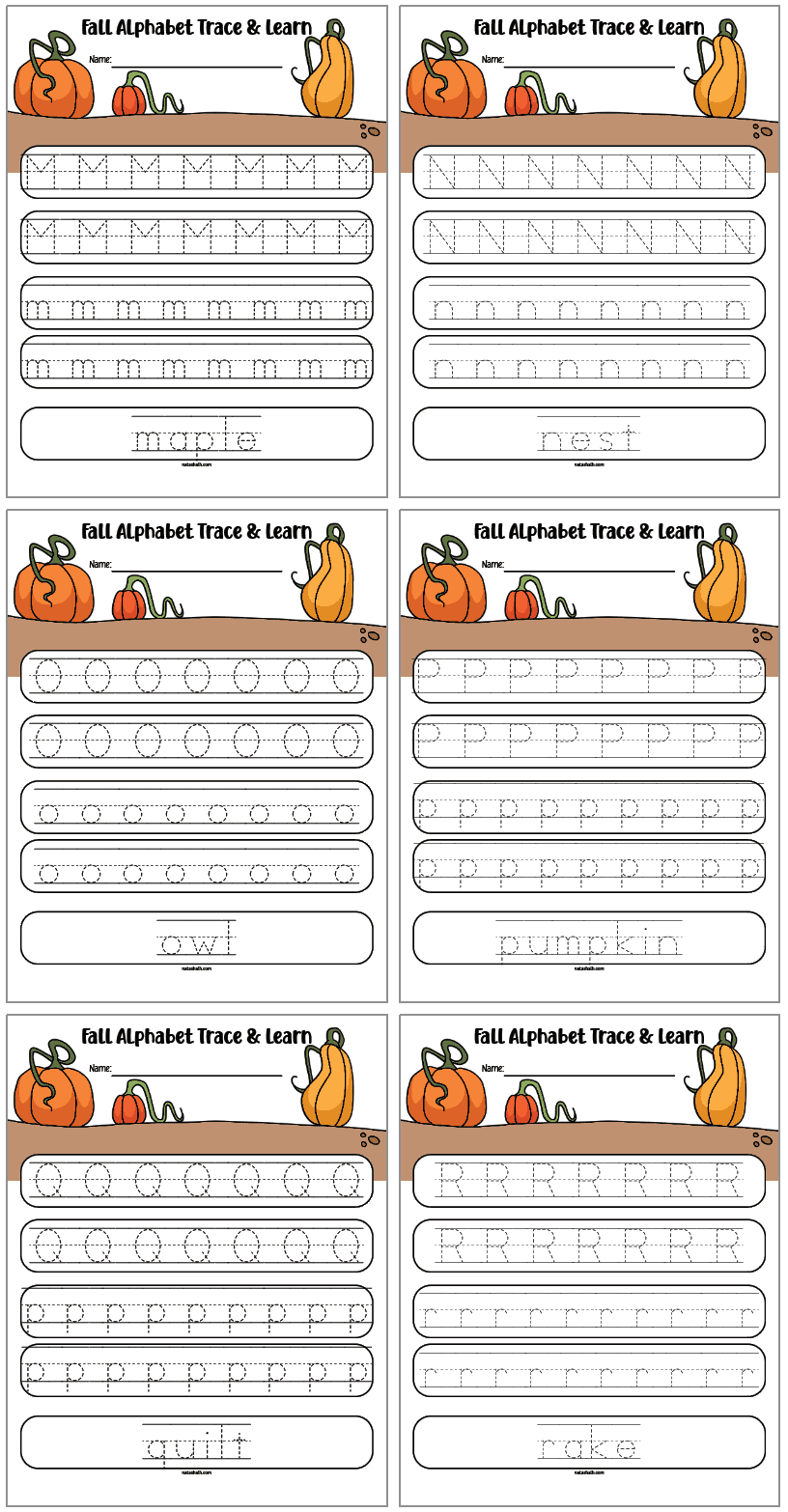 fall alphabet tracing pages with uppercase and letter case letters and vocabulary. Letters include m - r