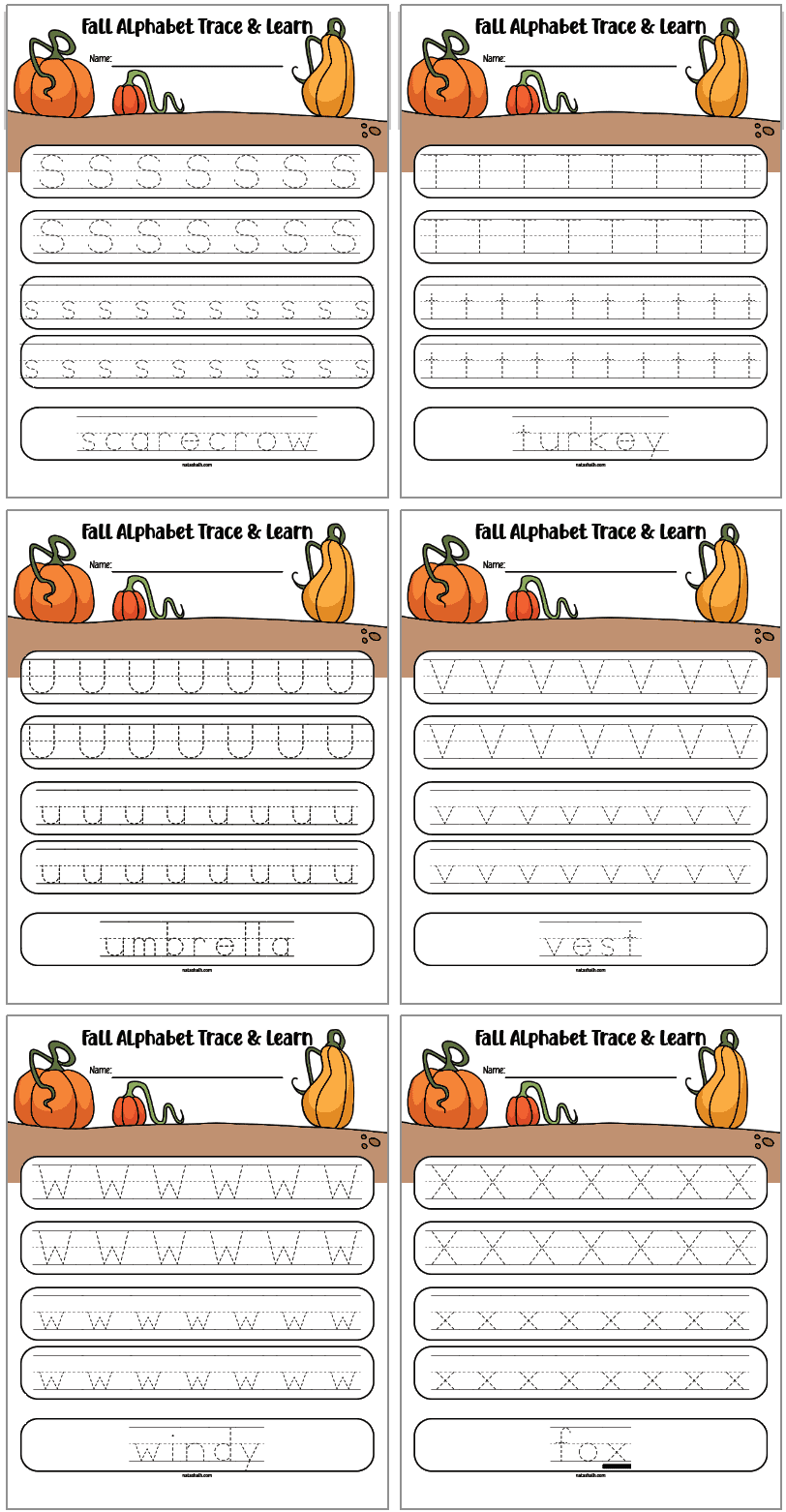 fall alphabet tracing pages with uppercase and letter case letters and vocabulary. Letters include s through x