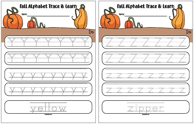 fall alphabet tracing pages with uppercase and letter case letters and vocabulary. Letters include yz