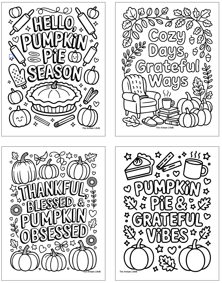 four thanksgiving coloring pages with bold, easy designs and quotations to encourage gratitude