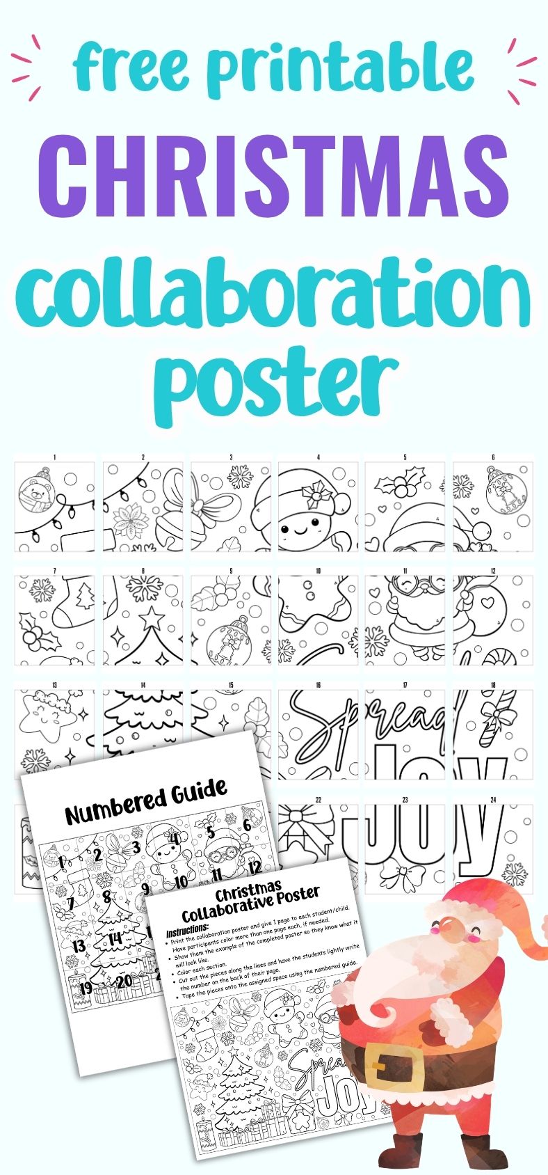 text "free printable christmas collaborative poster" with a preview of 24 pages of coloring page