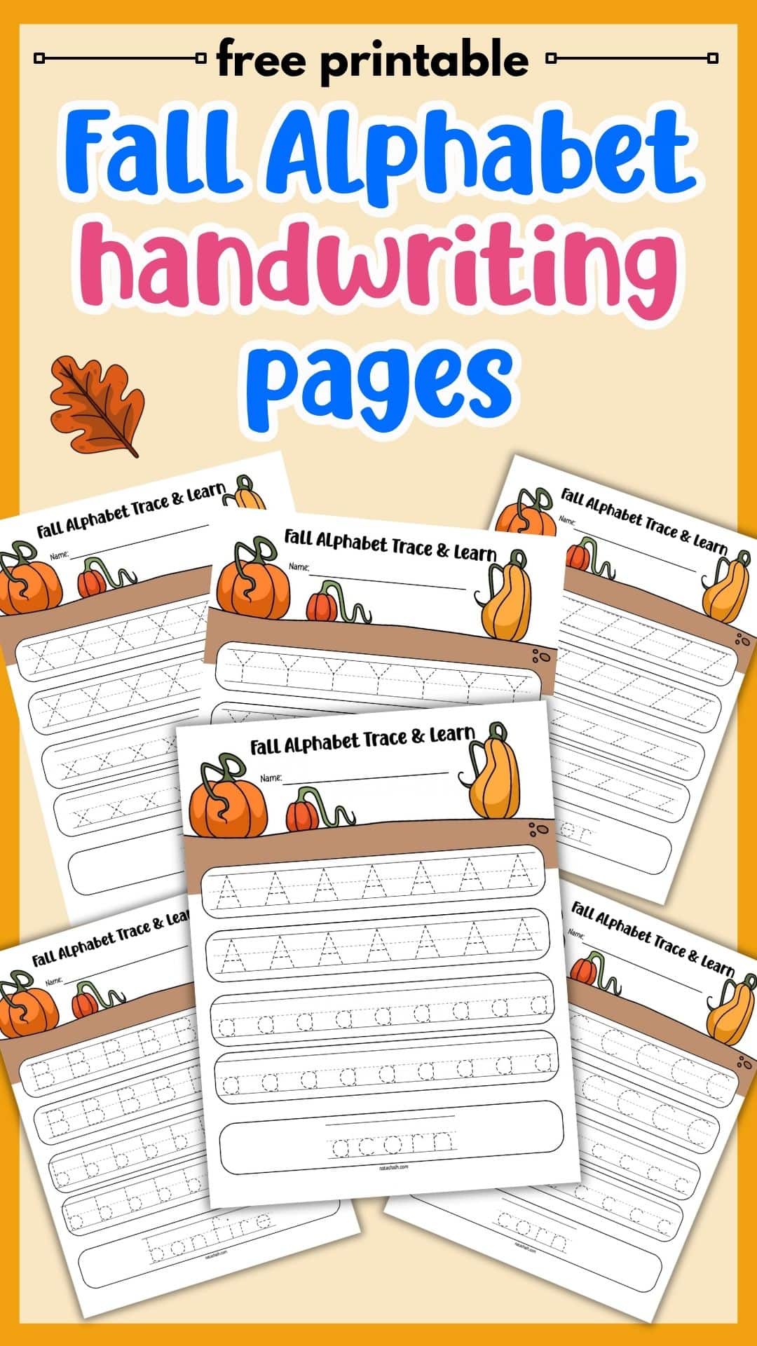 text "free printable fall alphabet handwriting pages" with preview of six handwriting practice pages