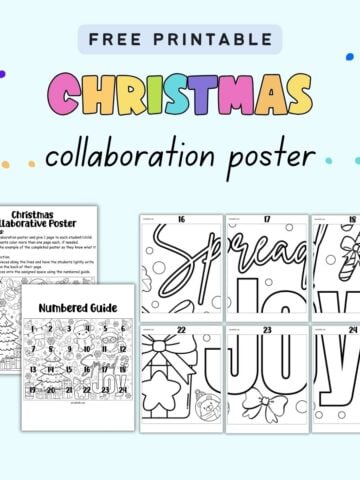 text "free printable christmas collaboration poster" with a preview of six coloring sheets, a numbered guide, and a completed poster