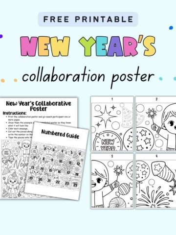 text "Free printable New Year's collaboration poster" with a preview of four pages, a numbered guide, and an instruction page