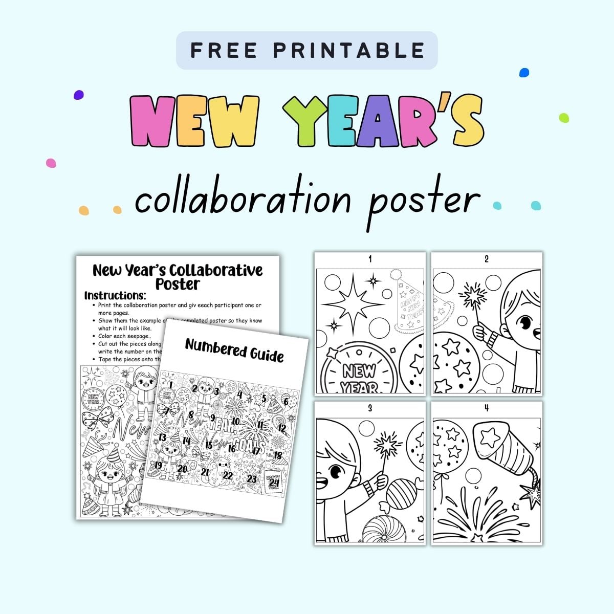 text "Free printable New Year's collaboration poster" with a preview of four pages, a numbered guide, and an instruction page