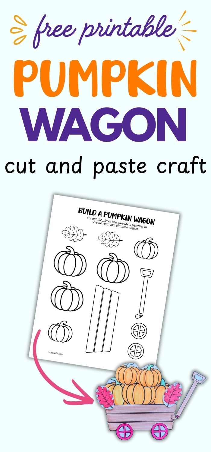 text "free printable pumpkin wagon cut and paste craft" with a preview of a printable page and a completed pumpkin wagon paper craft