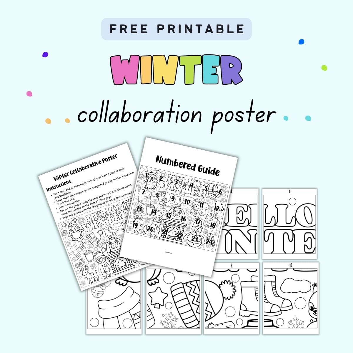 text "free printable winner collaboration poster" with a preview of six collaborative poster pages