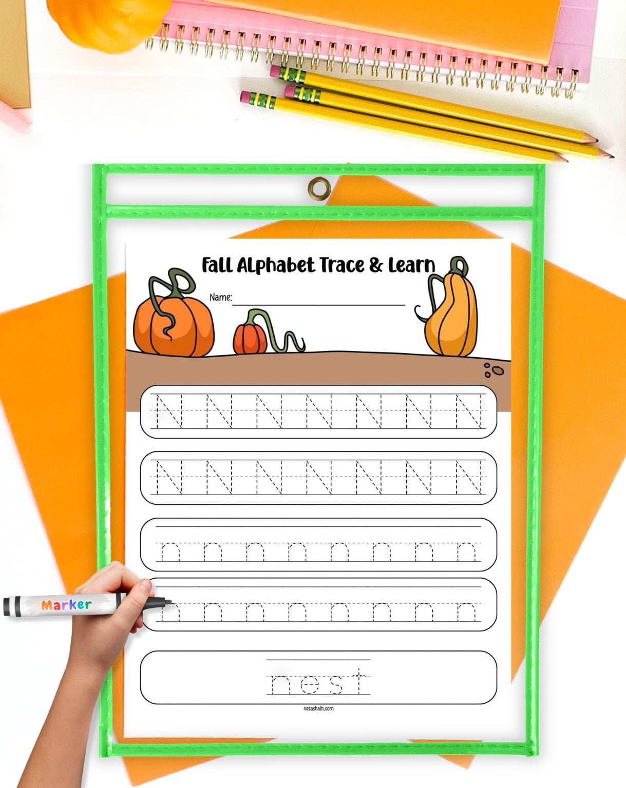 a letter n tracing worksheet in a. dry erase pocket
