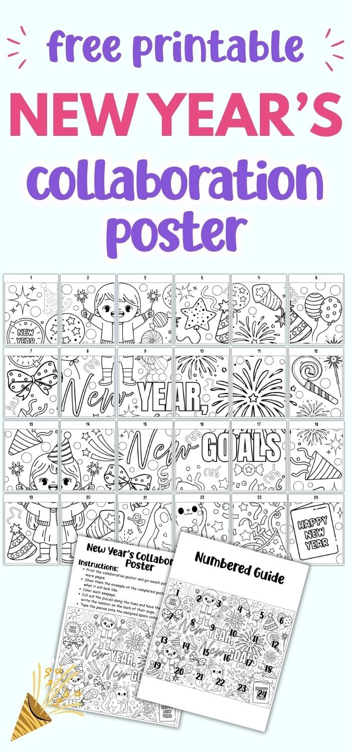 text "free printable new year's collaboration poster" with a preview of a completed 24 page collaboration poster for New Year's